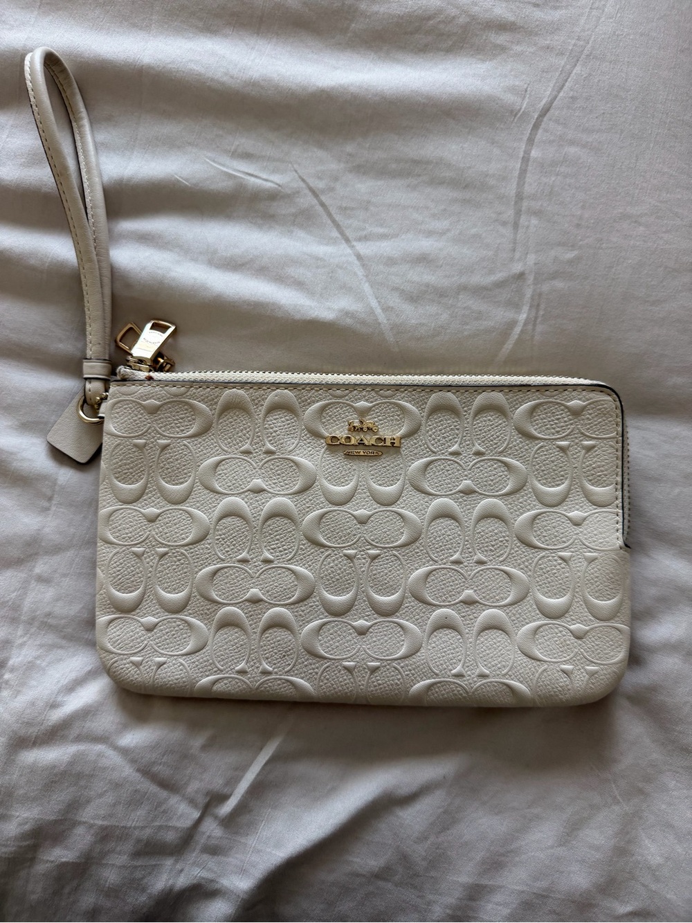 Coach White Embossed Signature Wristlet with Gold Hardware
